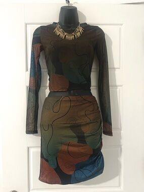 Fashion Nova Women's Multicolor Abstract Mesh Skirt Set